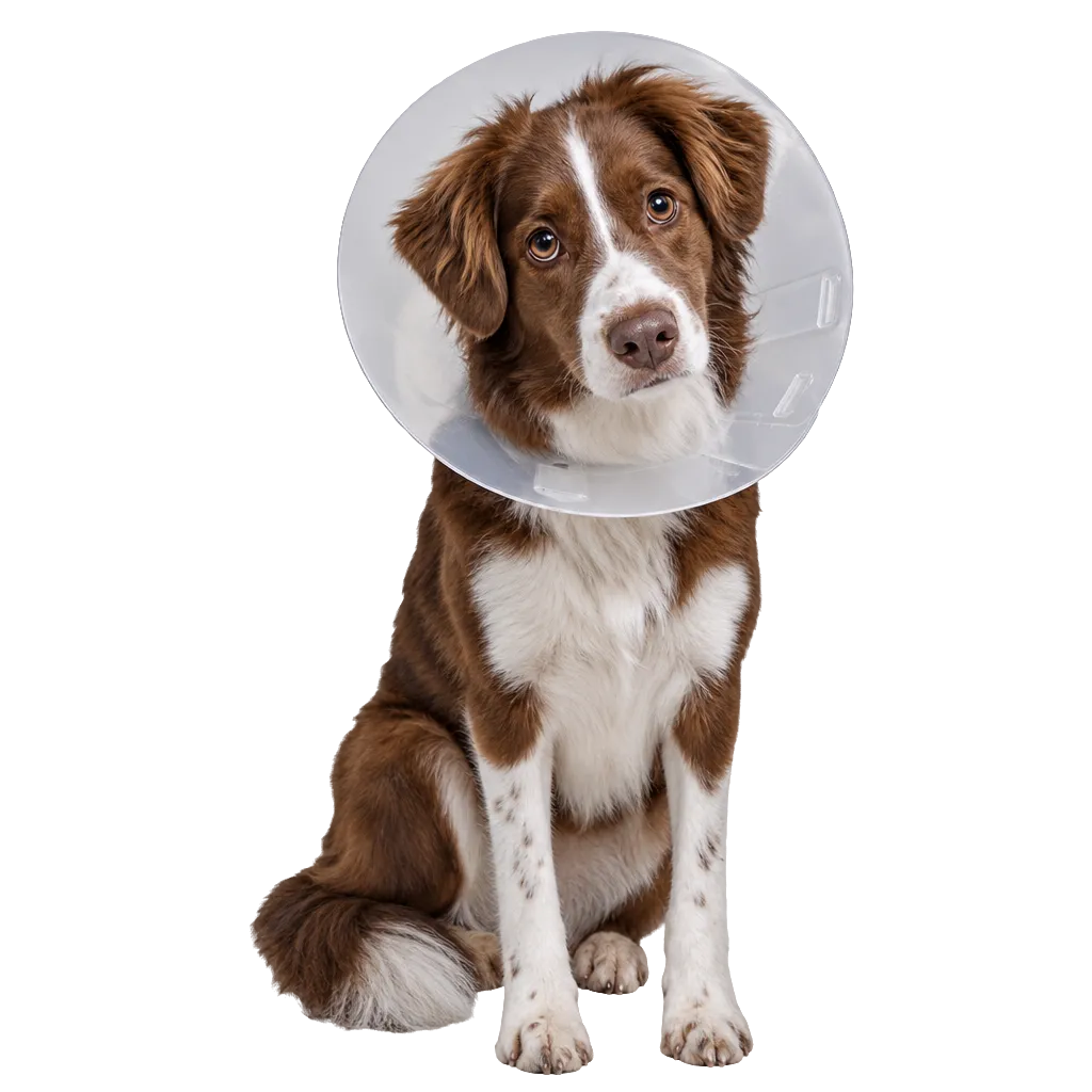 Ein braun-weißer Hund mit Halskrause sitzt und schaut traurig nach oben